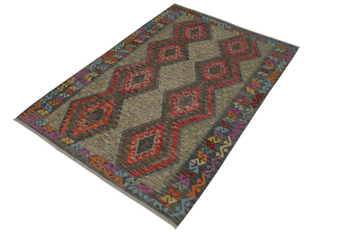 handmade Geometric Kilim Red Charcoal Hand-Woven RECTANGLE 100% WOOL area rug 6 x 8