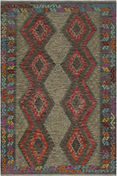 Flat Weave Kilim Antique Navaho Vintage handmade Geometric Kilim Red Charcoal Hand-Woven Rectangle 100% Wool Area Rug 6x8