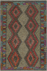 Flat Weave Kilim Antique Navaho Vintage handmade Geometric Kilim Red Charcoal Hand-Woven Rectangle 100% Wool Area Rug 6x8