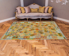 handmade Geometric Kilim Orange Blue Hand-Woven RECTANGLE 100% WOOL area rug 6 x 8