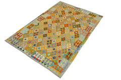 Flat Weave Kilim Antique Navaho Vintage handmade Geometric Kilim Orange Blue Hand-Woven Rectangle 100% Wool Area Rug 6x8