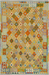 Flat Weave Kilim Antique Navaho Vintage handmade Geometric Kilim Orange Blue Hand-Woven Rectangle 100% Wool Area Rug 6x8