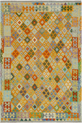 Flat Weave Kilim Antique Navaho Vintage handmade Geometric Kilim Orange Blue Hand-Woven Rectangle 100% Wool Area Rug 6x8