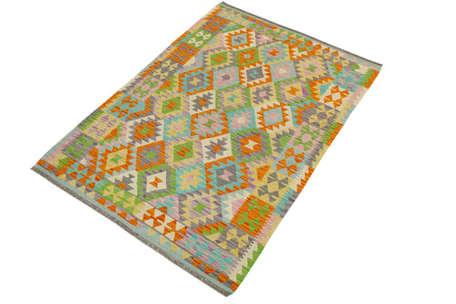 handmade Geometric Kilim Orange Blue Hand-Woven RECTANGLE 100% WOOL area rug 4 x 6