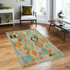 Flat Weave Kilim Antique Navaho Vintage handmade Geometric Kilim Blue Orange Hand-Woven Rectangle 100% Wool Area Rug 4x6