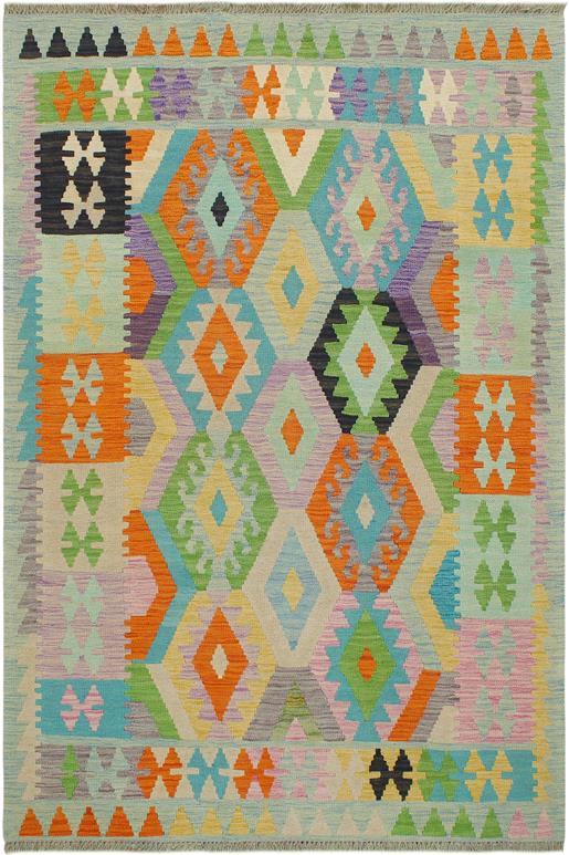 Flat Weave Kilim Antique Navaho Vintage handmade Geometric Kilim Blue Orange Hand-Woven Rectangle 100% Wool Area Rug 4x6