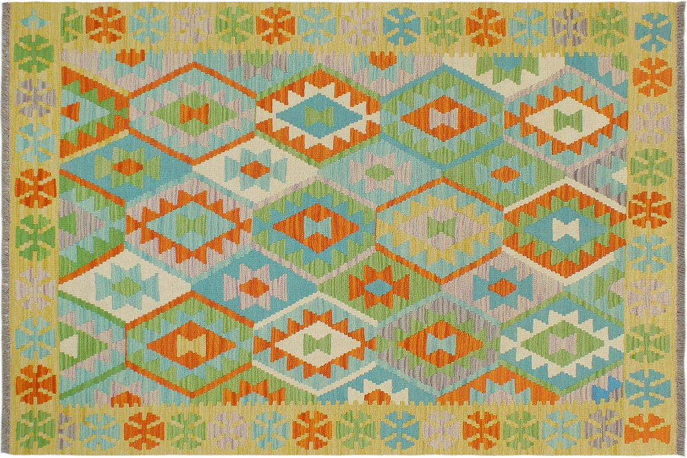 handmade Geometric Kilim Blue Gold Hand-Woven RECTANGLE 100% WOOL area rug 4 x 6