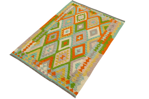 handmade Geometric Kilim Blue Orange Hand-Woven RECTANGLE 100% WOOL area rug 4 x 6