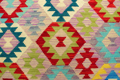 Flat Weave Kilim Antique Navaho Vintage handmade Geometric Kilim Beige Blue Hand-Woven Rectangle 100% Wool Area Rug 5x7