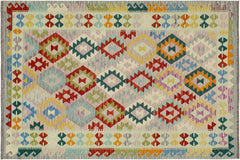 handmade Geometric Kilim Beige Blue Hand-Woven RECTANGLE 100% WOOL area rug 5 x 7