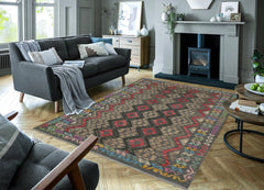 Flat Weave Kilim Antique Navaho Vintage handmade Geometric Kilim Charcoal Red Hand-Woven Rectangle 100% Wool Area Rug 6x8