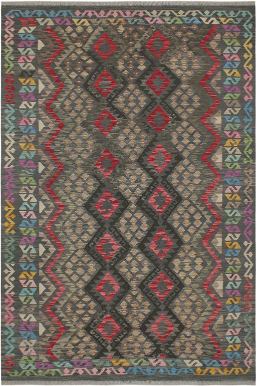 Flat Weave Kilim Antique Navaho Vintage handmade Geometric Kilim Charcoal Red Hand-Woven Rectangle 100% Wool Area Rug 6x8
