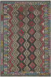 Flat Weave Kilim Antique Navaho Vintage handmade Geometric Kilim Charcoal Red Hand-Woven Rectangle 100% Wool Area Rug 6x8