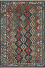 Flat Weave Kilim Antique Navaho Vintage handmade Geometric Kilim Charcoal Red Hand-Woven Rectangle 100% Wool Area Rug 6x8