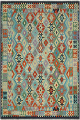Flat Weave Kilim Antique Navaho Vintage handmade Geometric Kilim Rust Blue Hand-Woven Rectangle 100% Wool Area Rug 8x10