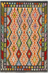 Flat Weave Kilim Antique Navaho Vintage handmade Geometric Kilim Rust Charcoal Hand-Woven Rectangle 100% Wool Area Rug 5x6