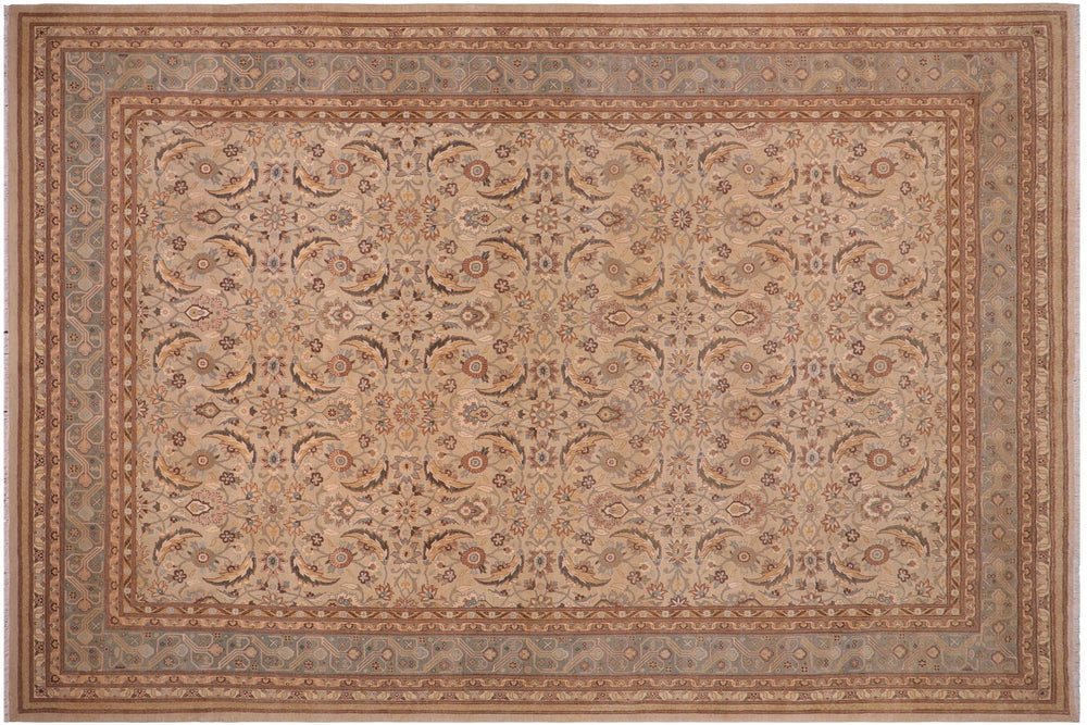 handmade Transitional Lahore Tan Lt. Green Hand Knotted RECTANGLE 100% WOOL area rug 10' x 14'