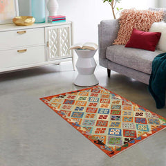 Flat Weave Kilim Antique Navaho Vintage handmade Geometric Kilim Blue Rust Hand-Woven Rectangle 100% Wool Area Rug 3x5