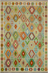 Flat Weave Kilim Antique Navaho Vintage handmade Geometric Kilim Blue Beige Hand-Woven Rectangle 100% Wool Area Rug 8x10