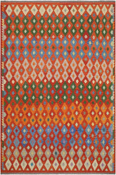 Flat Weave Kilim Antique Navaho Vintage handmade Modern Kilim Rust Blue Hand-Woven Rectangle 100% Wool Area Rug 8x10