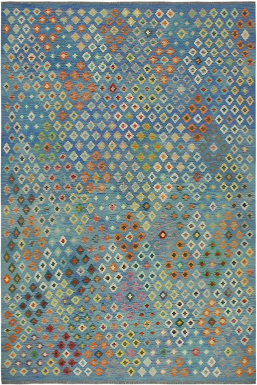 Flat Weave Kilim Antique Navaho Vintage handmade Modern Kilim Blue Red Hand-Woven Rectangle 100% Wool Area Rug 8x10