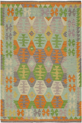 Flat Weave Kilim Antique Navaho Vintage handmade Geometric Kilim Blue Beige Hand-Woven Rectangle 100% Wool Area Rug 4x6