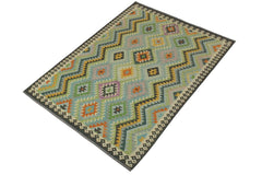 Flat Weave Kilim Antique Navaho Vintage handmade Geometric Kilim Blue Charcoal Hand-Woven Rectangle 100% Wool Area Rug 6x8