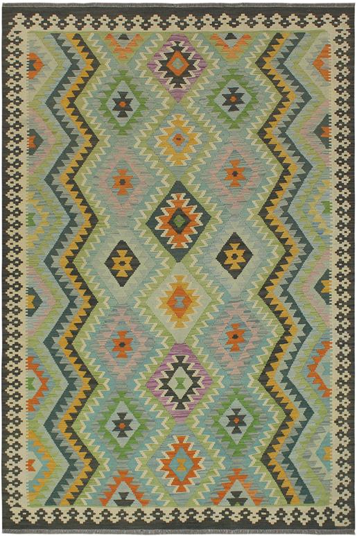 Flat Weave Kilim Antique Navaho Vintage handmade Geometric Kilim Blue Charcoal Hand-Woven Rectangle 100% Wool Area Rug 6x8