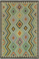 Flat Weave Kilim Antique Navaho Vintage handmade Geometric Kilim Blue Charcoal Hand-Woven Rectangle 100% Wool Area Rug 6x8