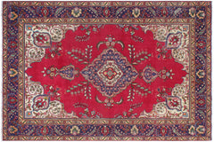 handmade Vintage Tabriz Red Blue Hand Knotted RECTANGLE 100% WOOL area rug 7' x 9'