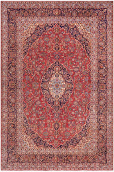 handmade Traditional Kashan Red Purple Hand Knotted RECTANGLE 100% Wool Pile area rug 8x12