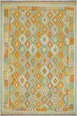 Flat Weave Kilim Antique Navaho Vintage handmade Geometric Kilim Blue Rust Hand-Woven Rectangle 100% Wool Area Rug 9x12