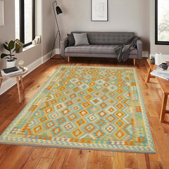 Flat Weave Kilim Antique Navaho Vintage handmade Geometric Kilim Blue Rust Hand-Woven Rectangle 100% Wool Area Rug 9x12