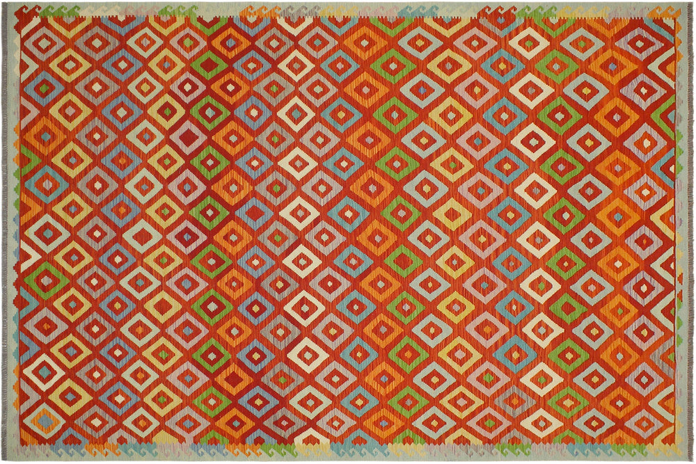 handmade Modern Kilim Rust Blue Hand-Woven RECTANGLE 100% WOOL area rug 8x11