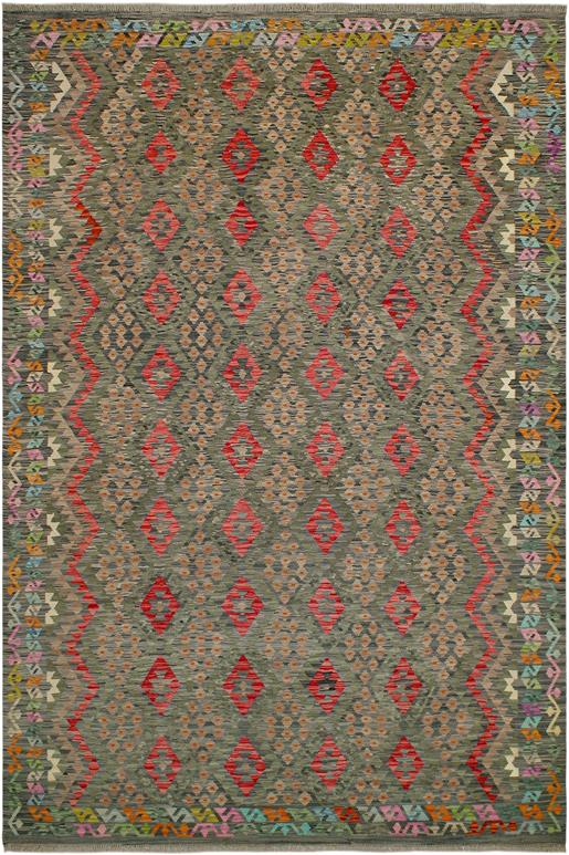 Flat Weave Kilim Antique Navaho Vintage handmade Geometric Kilim Green Red Hand-Woven Rectangle 100% Wool Area Rug 8x12