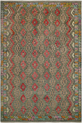 Flat Weave Kilim Antique Navaho Vintage handmade Geometric Kilim Green Red Hand-Woven Rectangle 100% Wool Area Rug 8x12