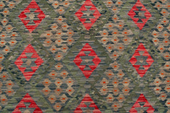 Flat Weave Kilim Antique Navaho Vintage handmade Geometric Kilim Green Red Hand-Woven Rectangle 100% Wool Area Rug 8x12