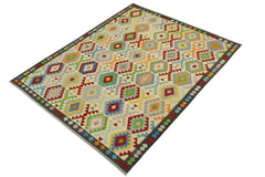 Flat Weave Kilim Antique Navaho Vintage handmade Geometric Kilim Beige Charcoal Hand-Woven Rectangle 100% Wool Area Rug 7x10