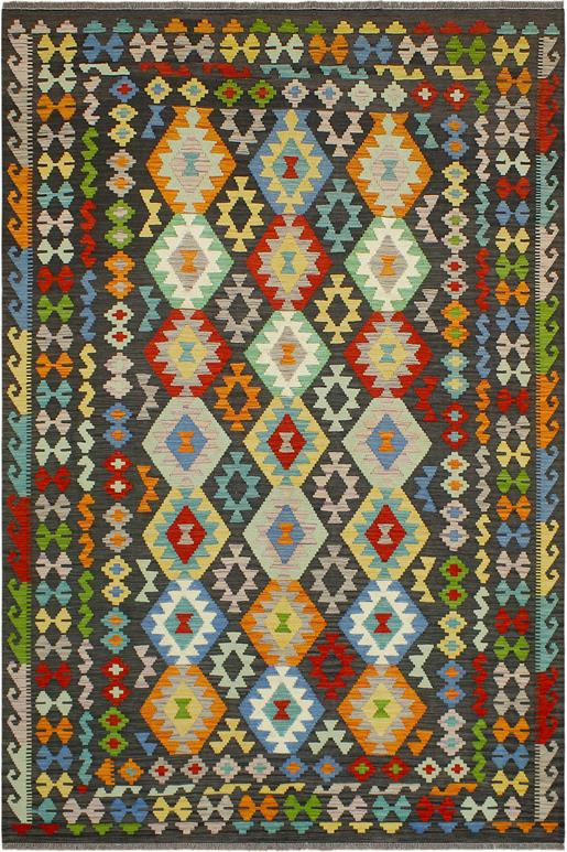 Flat Weave Kilim Antique Navaho Vintage handmade Geometric Kilim Charcoal Rust Hand-Woven Rectangle 100% Wool Area Rug 7x10