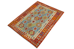 Flat Weave Kilim Antique Navaho Vintage handmade Geometric Kilim Blue Rust Hand-Woven Rectangle 100% Wool Area Rug 6x8