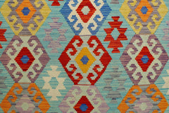 Flat Weave Kilim Antique Navaho Vintage handmade Geometric Kilim Blue Rust Hand-Woven Rectangle 100% Wool Area Rug 6x8
