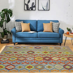 Flat Weave Kilim Antique Navaho Vintage handmade Geometric Kilim Purple Rust Hand-Woven Rectangle 100% Wool Area Rug 7x10