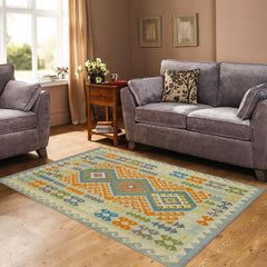 Flat Weave Kilim Antique Navaho Vintage handmade Geometric Kilim Blue Orange Hand-Woven Rectangle 100% Wool Area Rug 5x6