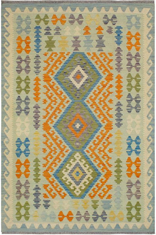 Flat Weave Kilim Antique Navaho Vintage handmade Geometric Kilim Blue Orange Hand-Woven Rectangle 100% Wool Area Rug 5x6