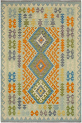 Flat Weave Kilim Antique Navaho Vintage handmade Geometric Kilim Blue Orange Hand-Woven Rectangle 100% Wool Area Rug 5x6