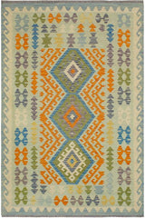Flat Weave Kilim Antique Navaho Vintage handmade Geometric Kilim Blue Orange Hand-Woven Rectangle 100% Wool Area Rug 5x6