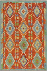 Flat Weave Kilim Antique Navaho Vintage handmade Modern Kilim Rust Blue Hand-Woven Rectangle 100% Wool Area Rug 5x7