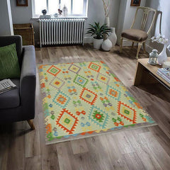 Flat Weave Kilim Antique Navaho Vintage handmade Geometric Kilim Blue Rust Hand-Woven Rectangle 100% Wool Area Rug 5x6