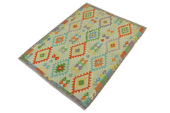 Flat Weave Kilim Antique Navaho Vintage handmade Geometric Kilim Blue Rust Hand-Woven Rectangle 100% Wool Area Rug 5x6