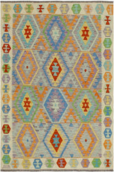 Flat Weave Kilim Antique Navaho Vintage handmade Geometric Kilim Purple Beige Hand-Woven Rectangle 100% Wool Area Rug 5x7